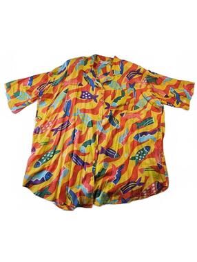 VTG 90s La Cera Women's 2X Blouse Colorful Fish Print Hawaiian Cotton